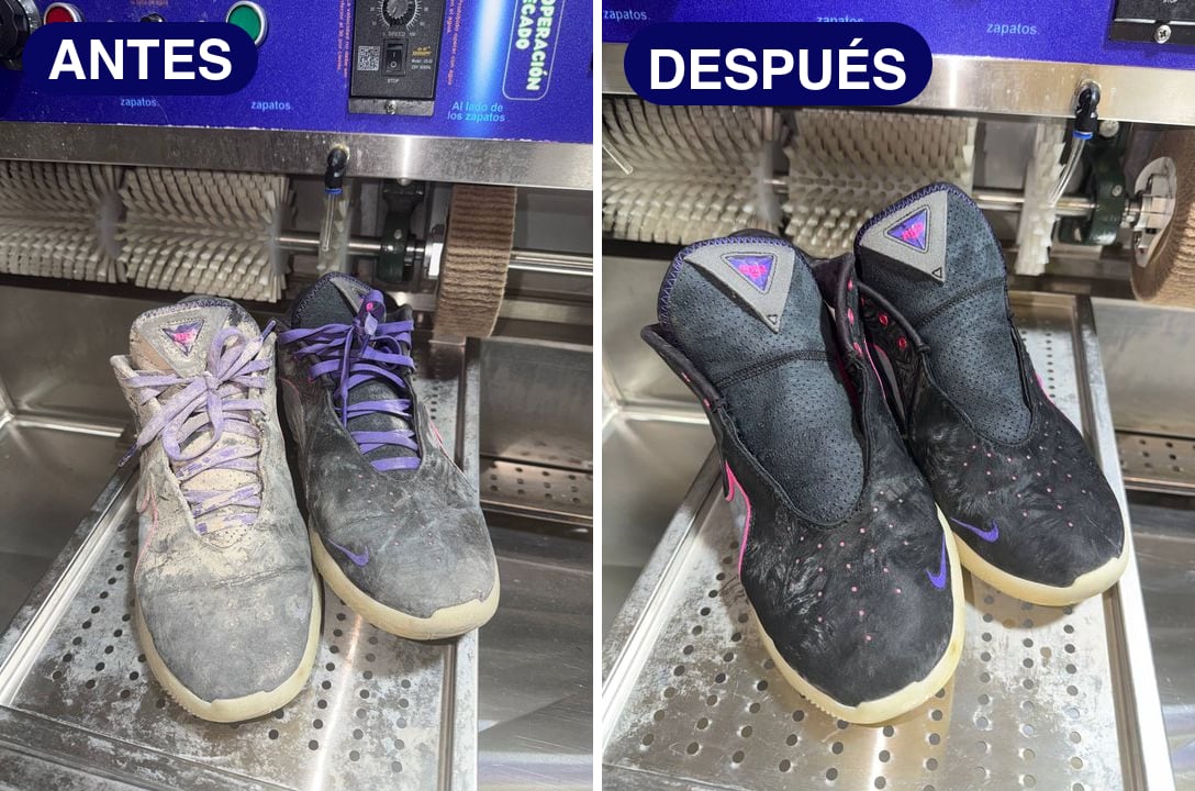 Antes y después de unos Nike de basket negros llenos de polvo