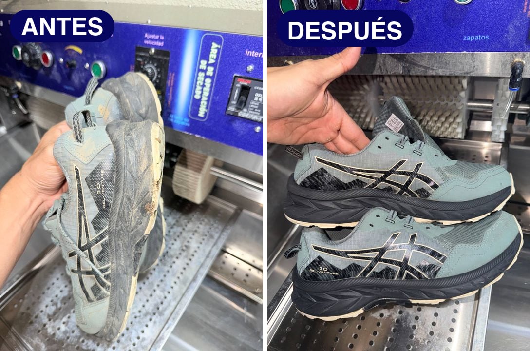 Antes y después de unos ASICS verde salvia embarrados